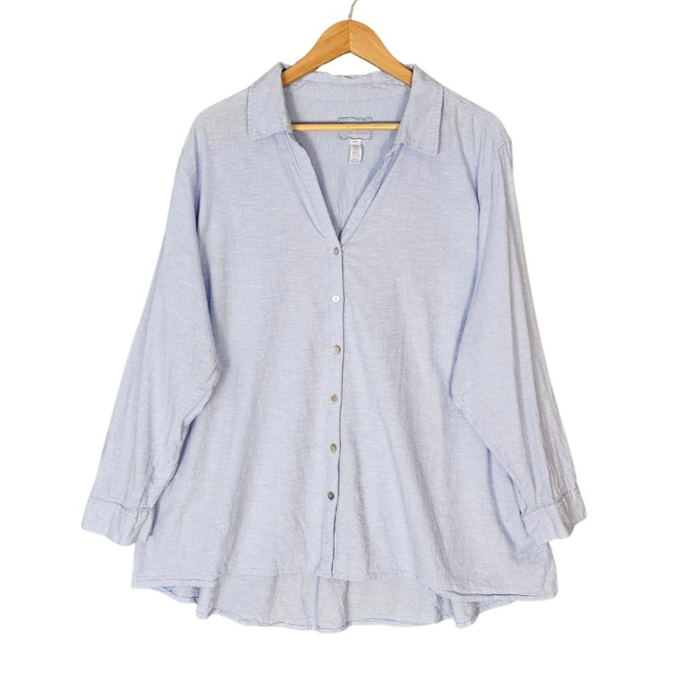 Sigrid Olsen Womens 3X Linen Blend Button Up Top Blue Split Neck Long Sleeve